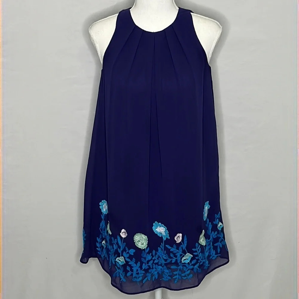 Loft Outlet Sleeveless Embroidered Dress in Navy Blue - Size 00 Petite